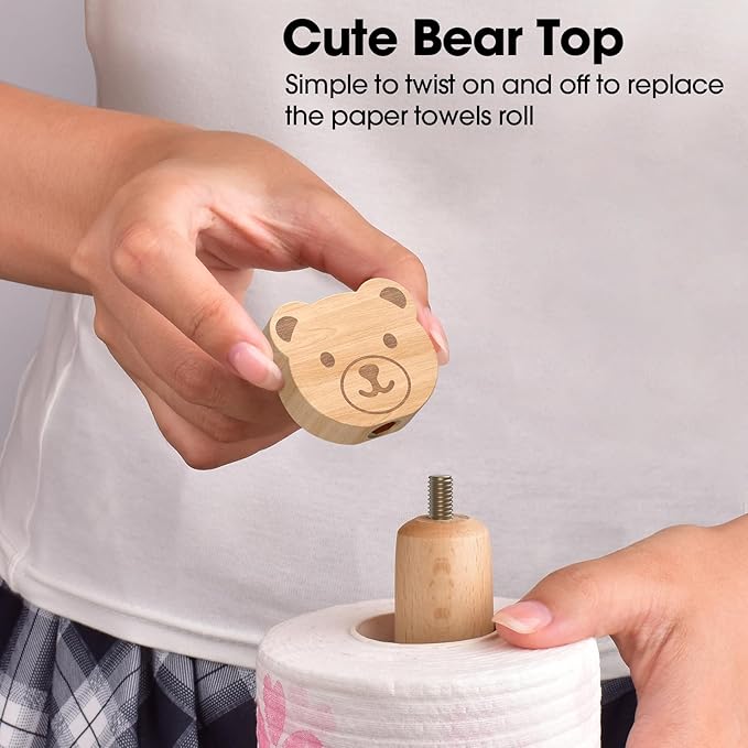 KitchLife Cute Wooden Paper Towel Holder Countertop - Solid Freestanding Paper Towel Dispenser Stand Organizer with Anti-Skid Base (Bear)