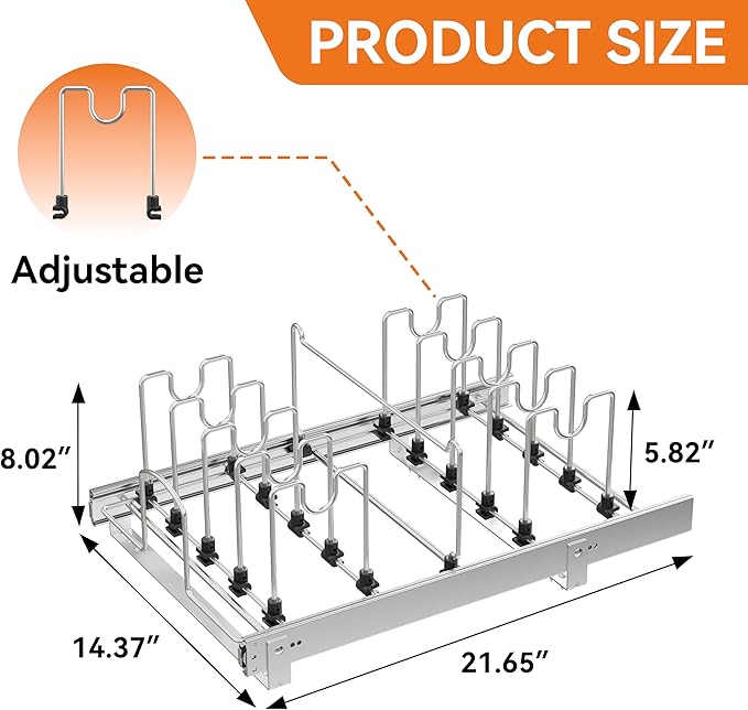 Pull Out Pots and Pans Organizer Under Cabinet, Sliding Adjustable Pot Rack with 11 Adjustable Dividers, Chromeplating Pot and Pan Holder Rack, Full-Extension Rail 15" W X 22" D