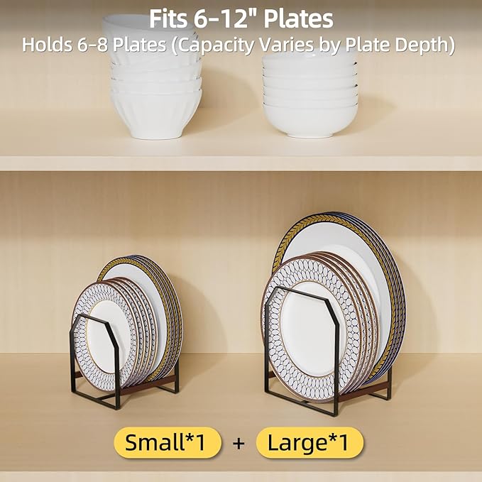 2 Pack Kitchen Plate Organizer with Large & Small Holders, Metal Dish Racks for Compact Homes and Cabinets, Black (1 Large + 1 Small)