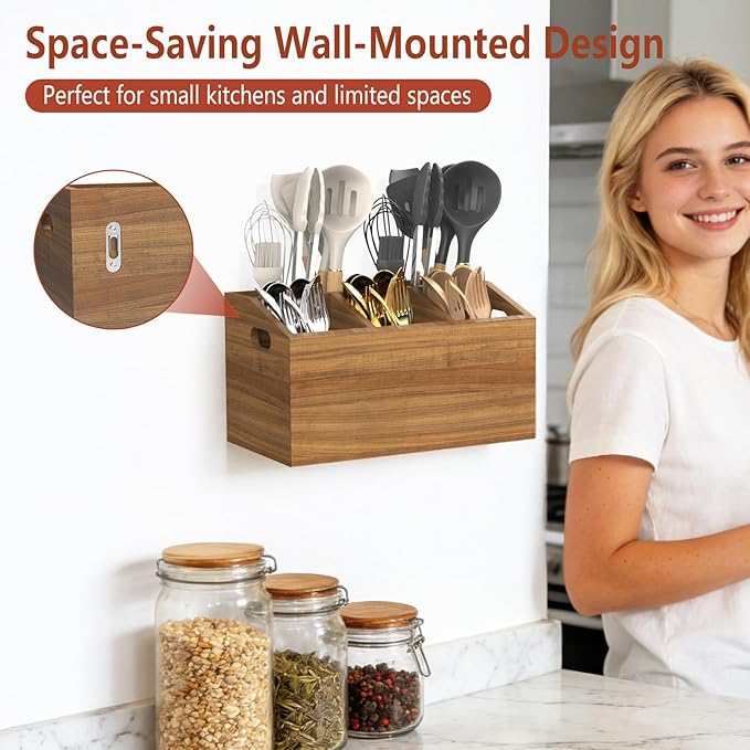 Wooden Kitchen Utensil Holder for Countertop or Wall, Extra Large Acacia Wood Utensil Holder Organizer with 5 Compartments, Rustic Utensil Caddy for Cooking Tools & Silverware