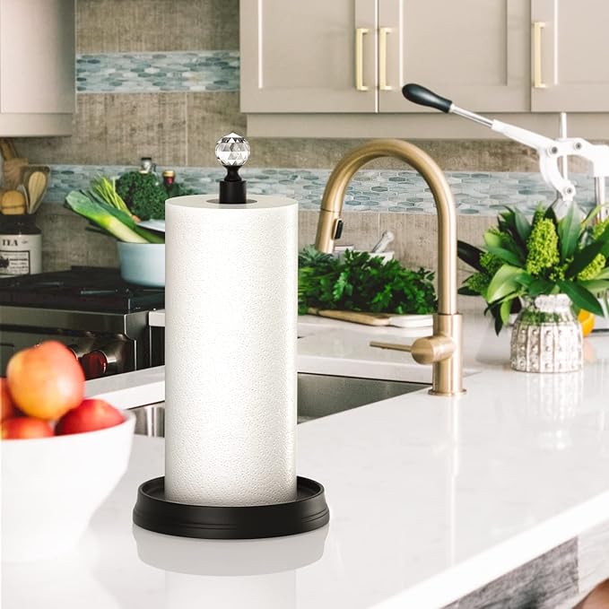 Paper towel holder (with crystal head) Steel Paper towel holder countertop，Black paper towel holder for Kitchen Countertops, Bars & Dining Tables,Fits Standard & Jumbo Rolls,Matte Black