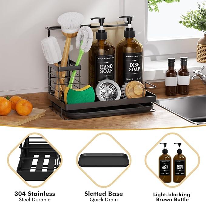 Sponge Holder for Kitchen Sink Caddy with High Brush Holder,Stainless Steel Kitchen Sink Organizer Set with 2 Lotion Dispenser,Kitchen Accessories Storage for Countertop