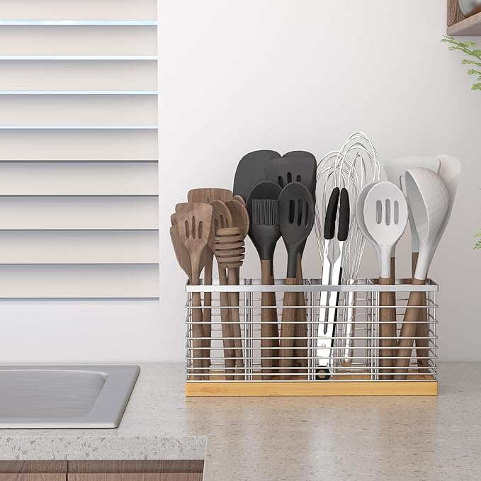 Suli Extra Large Kitchen Utensil Holder with 4 Compartments，Silvery Metal holder for Kitchen Countertop，Farmhouse Cooking Utensil Storage, Rustic Cooking Utensil