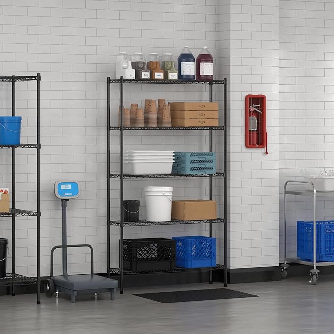 Commercial NSF Listed Black Epoxy Stationary Wire Shelving Kit 12" x 42" x 74", with 5 Shelves Perfect for Warehouse, Walk-in Refrigerator, Freezer, Grocery Store, Restaurant, Dishroom