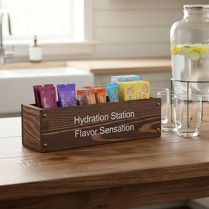 GoFika Water Packet Organizer | Drink Mix Holder | Hydration Station | 5 Slots Wood Caddy Brown