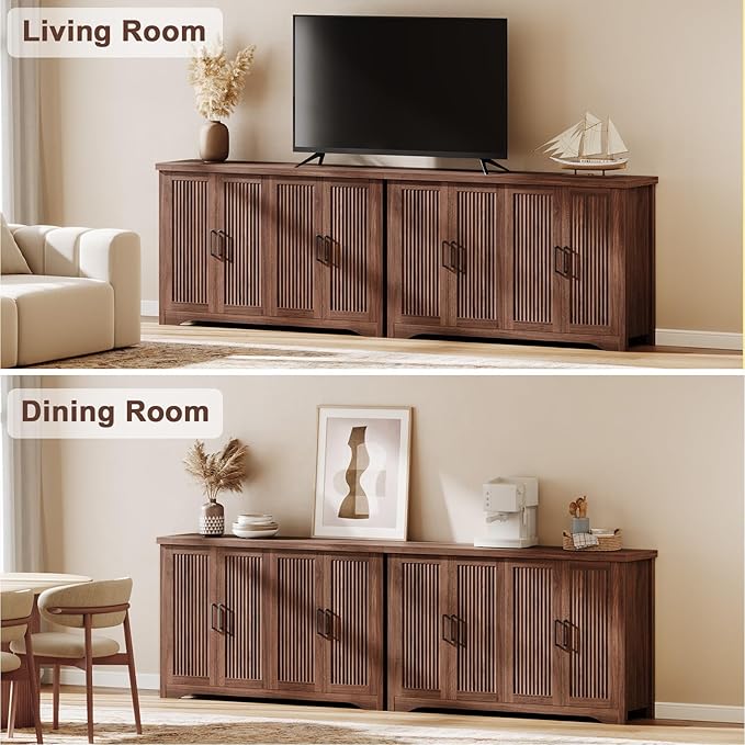 Fluted Buffet Cabinet with Storage Accent Sideboard,Modern Credenza with 4 Doors & Adjustable Shelves,Wood Coffee Bar Table Console for Dining Room Kitchen Living Room Entryway, Walnut