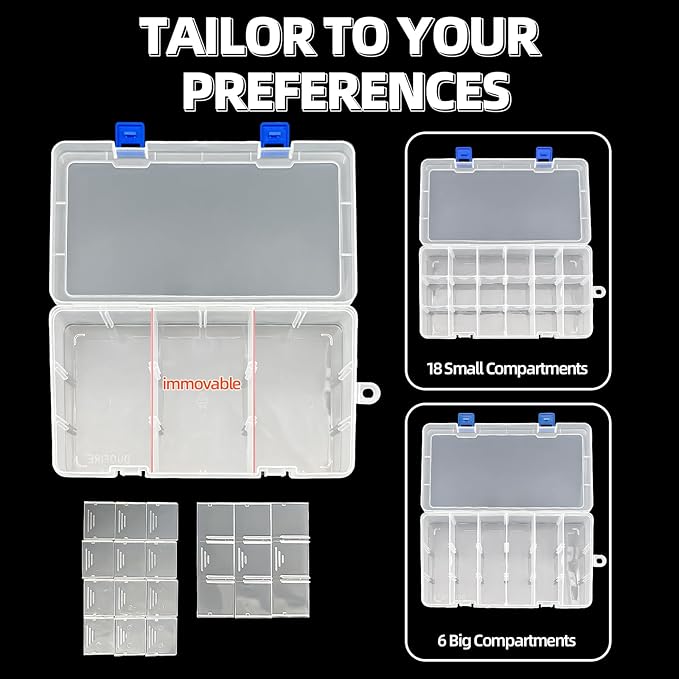 DUOFIRE Bead Organizer Tackle Box Organizers and Storage Clear Plastic Storage Box Craft Organizers and Storage Adjustable Divider for Beads,Jewelry, Fishing Tackle(18 Grids, White X 1)