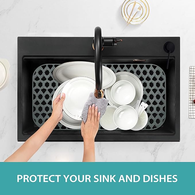 SAMSIER Sink Protectors for Kitchen Sink, Kitchen Sink Accessory - Silicone Mats Grid for Stainless Steel Strainer Bottom of Farmhouse Porcelain sinks (30”x16”, Rear Drain)
