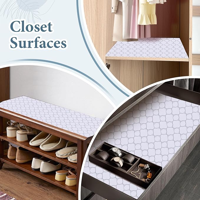 Shelf Liners for Kitchen Cabinets 12in x 30FT Non Adhesive Drawer Liner Silver Quatrefoil Shelf Liner Paper Strong Non-Slip Easy to Clean for Tool Box Refrigerator with Knife and Tape Measure