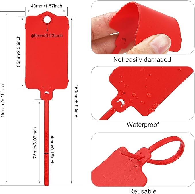 LeadSeals 100pcs Blank Plastic Tags for Labeling Reusable Hanging Tags Ties Key Tag Storage Labels Waterproof Plastic Mark Label Writable Hang Sign with One Marker Pen (Red)