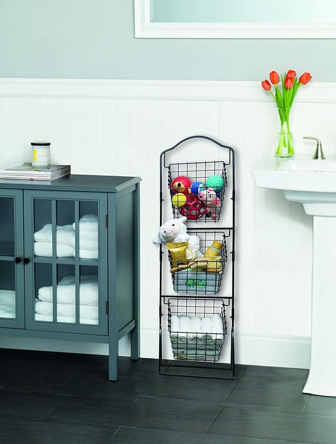Gourmet Basics by Mikasa 3-Tier Metal Market Basket, Sturdy Stacked Countertop Storage for Produce, Snacks & More, Antique Black Wire Frame Design