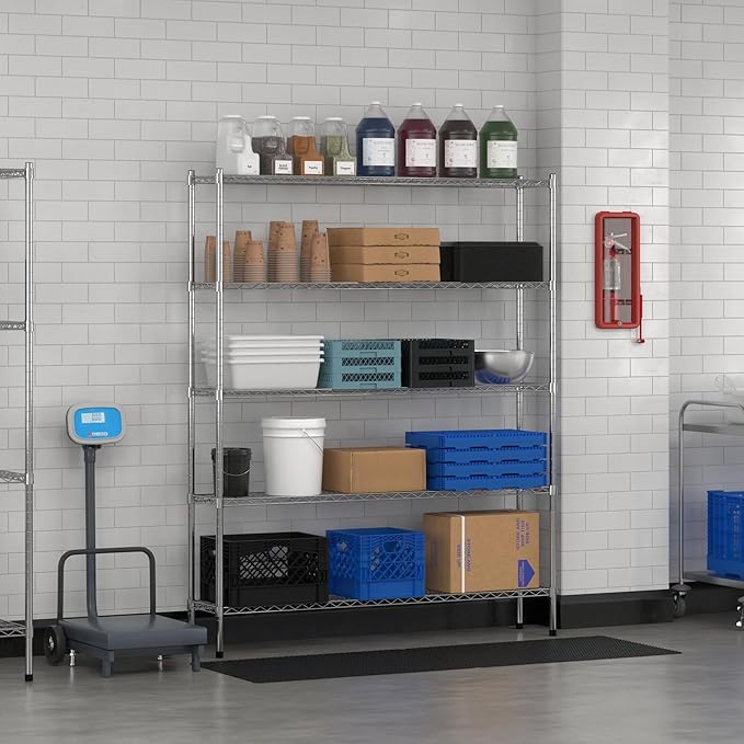 Commercial NSF Listed Chrome Stationary Wire Shelving Kit 12" x 60" x 74", with 5 Shelves Perfect for Warehouse, Walk-in Refrigerator, Freezer, Grocery Store, Restaurant, Dishroom