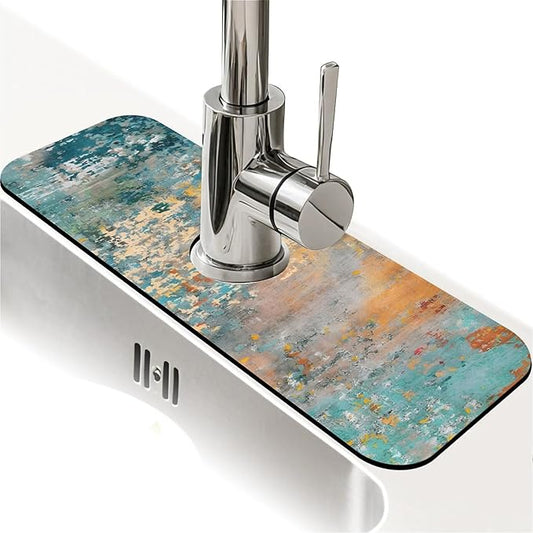 Kitchen Sink Splash Guard，Rainbow Retro Graffiti Faucet Mat Sink Gadgets-Super Absorbent Fast Drying Mat Drip Catcher for Kitchen, Bathroom,Sink Mat, Dish Drying Mat, Bathroom(15" X 5.5" )