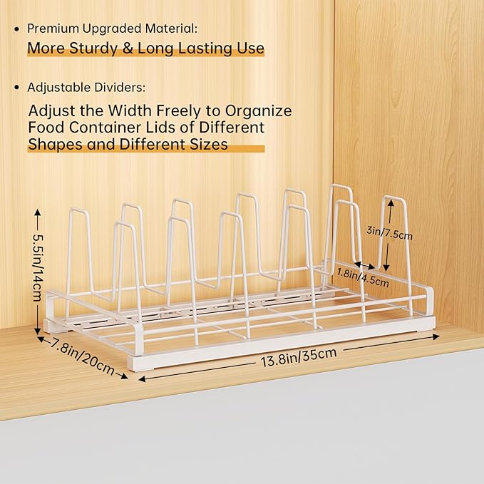 Food Container Lid Organizer for Cabinet,with 6 Adjustable Dividers Detachable,Metal Pot Lid Organizer Rack Storage Plastic Lids Pots Bakeware for Cabinets, Cupboards,Pantry, Drawers (White)