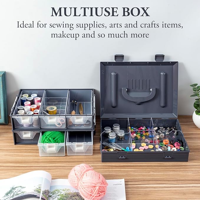 MyGift 11 Inch Classic Gray Tools Hardware and Screw Parts Storage Organizer Case with White Accents, 24 Customizable Compartments, 6 Drawers Removable Dividers