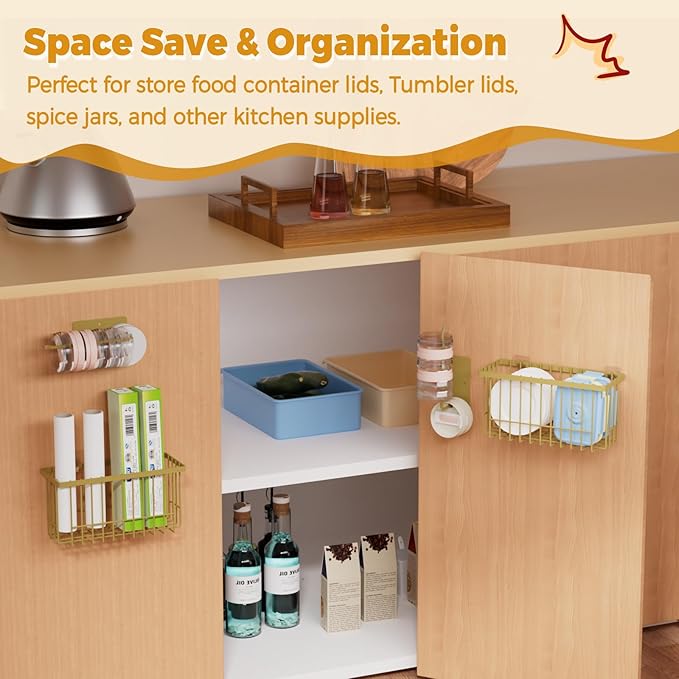 4 Pack Adhesive Cabinet Door Organizer - Tumbler Lid Organizer & Kitchen Storage baskets for Kitchen, Bathroom, Inside Cabinet Door Storage for Cup Lids, Spices, Small Supplies, Space-Saving (Gold)