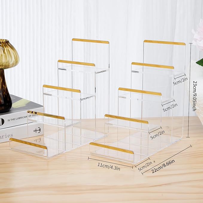 Purse Display Stands, 2 Pack 4-Tier Acrylic Wallet Holder Risers Stand, 2-Inch Spacing Clear Clutch Rack Handbag Display Shelf, 4MM Thick Counter Wallet Organizer for Figure Sunglasses Retail Vendor