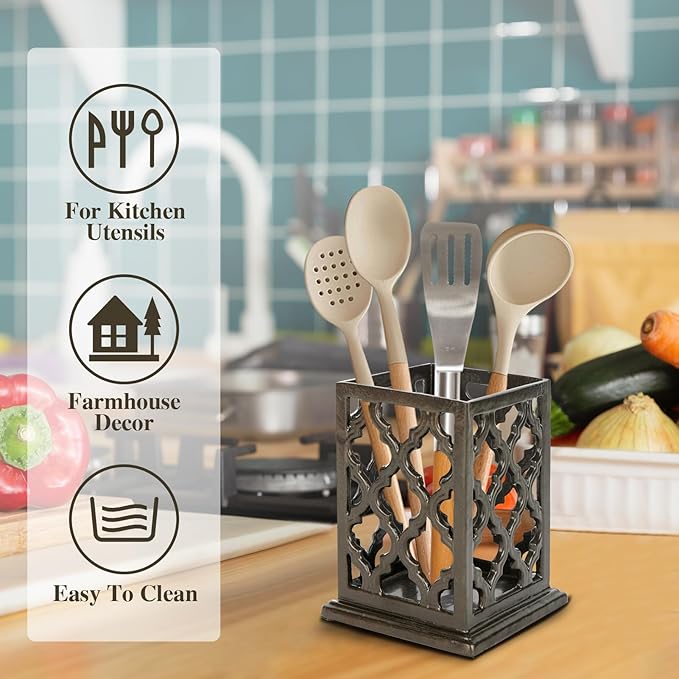 jogreful Utensil Holder, Cast Iron Kitchen Utensil Crock for Countertop, Extra Large Utensil Organizer with Weighted-Base, Housewarming Vintage Decor, Grid Pattern, Coffee Gold