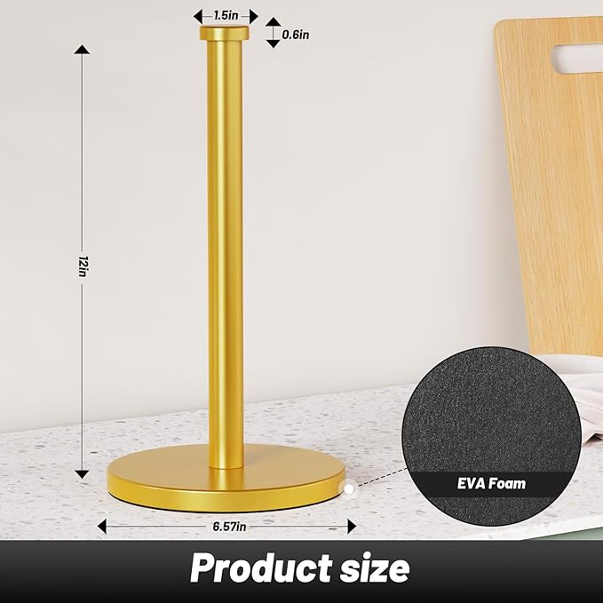 VEHHE Paper Towel Holder Countertop, Weighted Non-Slip Base, Stainless Steel Paper Towel Holder for Kitchen Bathroom (Gold)