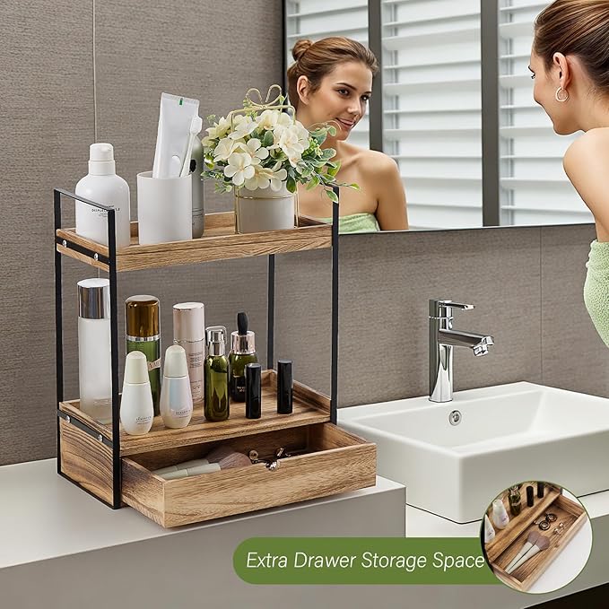 2-Tier Bathroom Organizer Countertop with Drawer, Wood Counter Shelf for Storage, Cosmetic Storage Vanity Tray for Bathroom Organization for, Kitchen, Office
