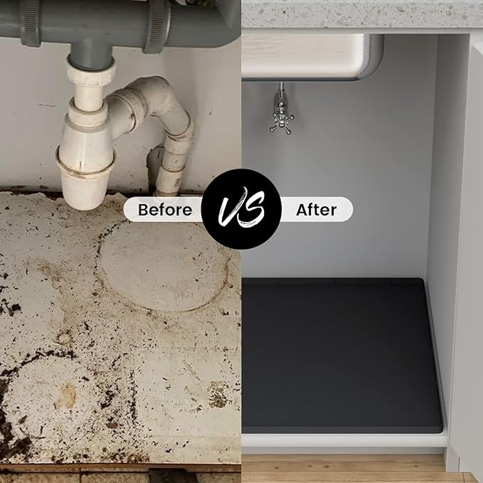Under Sink Mat, 31" x 22" Silicone Kitchen Cabinet Tray, Waterproof & Flexible Under Sink Liner for Kitchen Bathroom and Laundry Room(Black)