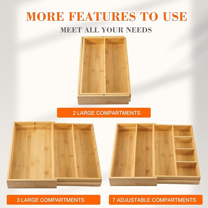 1 Pcs Bamboo Desk Drawer Organizer Wood 2 Inch Height Expandable Drawer Organizer Trays with Adjustable Compartments Desk Accessories for Makeup Silverware Office Bathroom(Stylish)