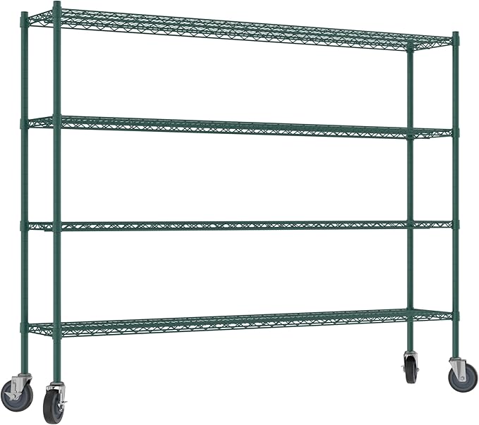 Commercial NSF Listed Green Epoxy Mobile Wire Shelving Kit 14" x 72" x 60", with 4 Shelves Perfect for Warehouse, Walk-in Refrigerator, Freezer, Grocery Store, Restaurant, Dishroom
