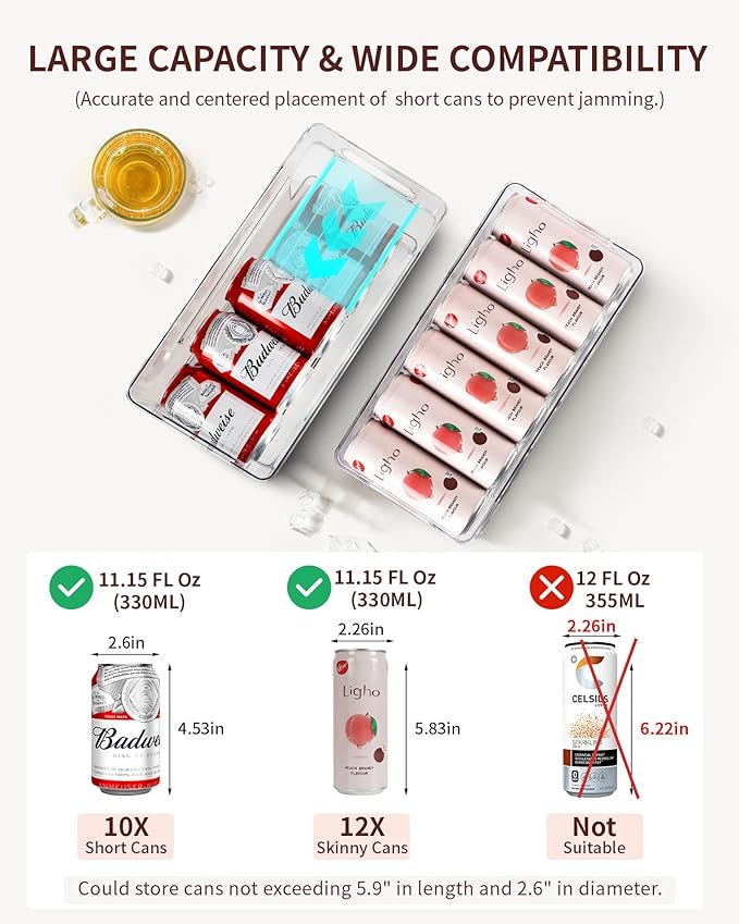 8 Pack Rolling Soda Can Dispenser for Refrigerator with 1 Pack Ice Ball Maker, Pantry Organization and Storage 2-Layer Beverage Holder for Fridge, Clear
