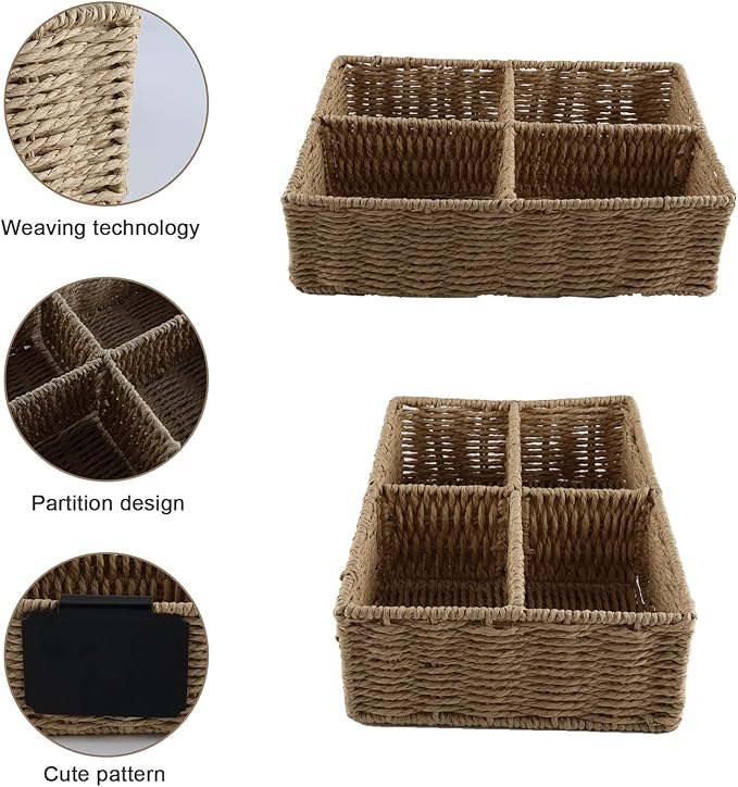 Snack Bar Station Organizer,Pantry Organizers and Storage Bins,Hand-Woven Snack Basket for Countertop,4 Compartments Snack Display Box Candy,Drink Packet,Chips,Spice Organizer,Natural Color