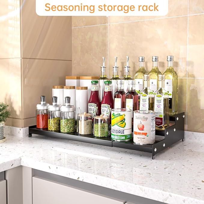 Expandable Carbon Steel Spice Rack Organizer for Pantry, Adjustable 3-Tier Ladder Shelf,Holds Up to 24 Cans,Kitchen Countertop Organizer, Rustproof Storage Rack for Spices, Cans, Sauces & Dry Goods