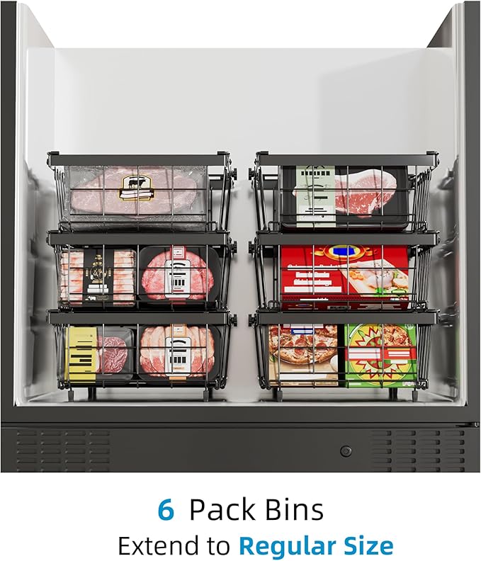 Deep freezer organizer bins-Fit 10 to 20 Cu.FT，2 Pcs stackable wire baskets for freezer，Vegetable Fruit Basket，kitchen countertop organizer，pantry organizers and storage，Expandable length 11.42-17.91"