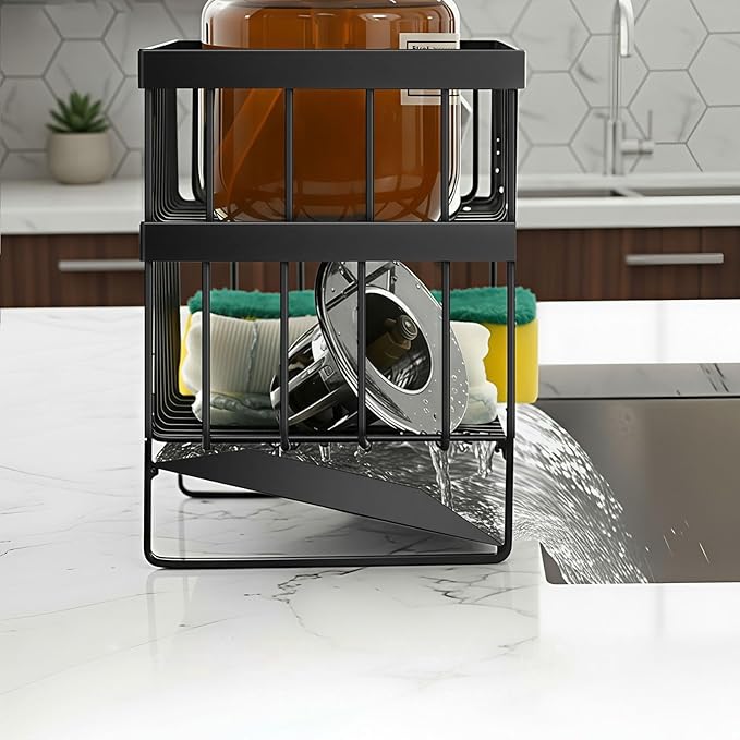 UEFFNR Kitchen Sink Organizer Caddy, 2 Tier Sink Caddy Organizer with High Brush Holder, Rust-Proof Countertop Rack (Black 10.6 * 4.3 * 5.7") for Kitchen Accessories & Dish Brushes