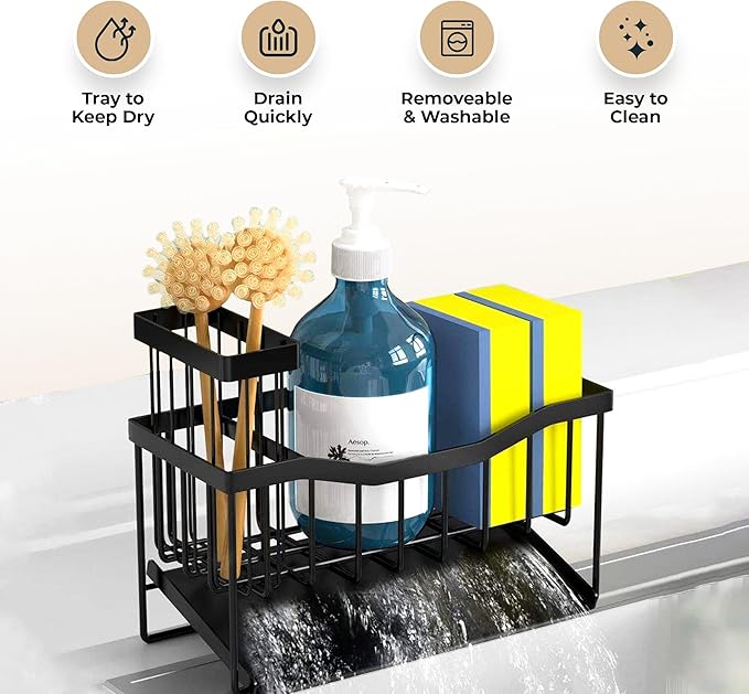Modern Kitchen Sink Caddy Organizer with Soap & Sponge Holder – Rustproof Stainless Steel Brush Stand for Sink Counter – Stylish Kitchen Decor & Accessories.