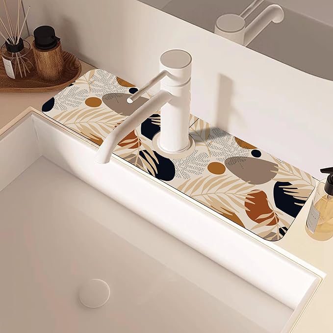 Boho Tropical Leaves Kitchen Sink Splash Guard Mat Absorbent Fast Drying Mat Faucet Draining Mat Sink Splash Guard Behind Faucet Drip Catcher for Kitchen Bathroom 5.5"×15"