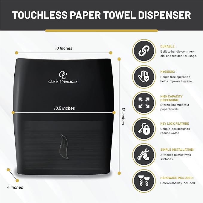 Touchless Paper Towel Dispenser by Oasis Creations - Wall Mount - Holds 500 Multifold Paper Towels - Black Smoke - Case of 10 DISPENSERS