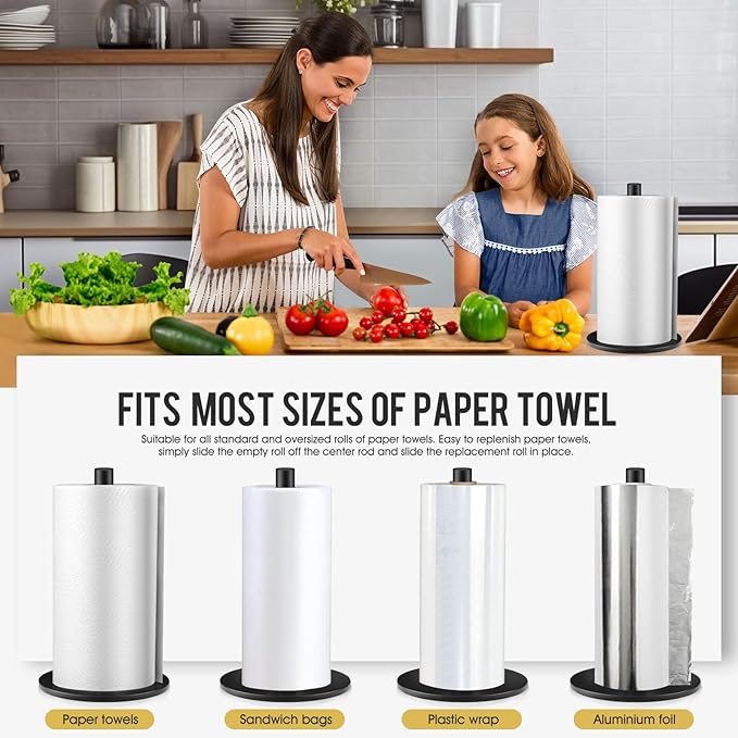 Black Paper Towel Holder, Countertop Paper Towels Holder, Premium Stainless Steel Paper Towel Holder Stand, Non-Slip Kitchen Paper Roll Holders with Weighted Base