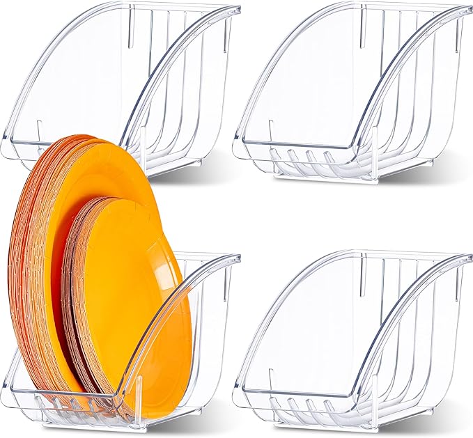 Ziliny 4 Pcs 10 Inch Paper Plate Holder Plastic Dinner Dish Drainer Paper Plate Dispenser Organizer for Kitchen Cabinets Storage Rack Dish Cradle for Countertop