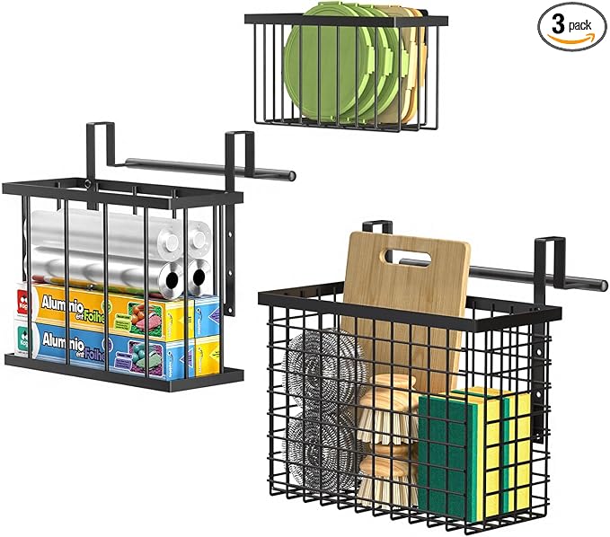 3 Pack Over Cabinet Door Organizer - Adjustable Cabinet Door Organizer with Towel Rack,Hanging Over the Door Organizer for Cutting Board, Plastic Wrap, Aluminum Foil, Cleaning Supplies, Baking
