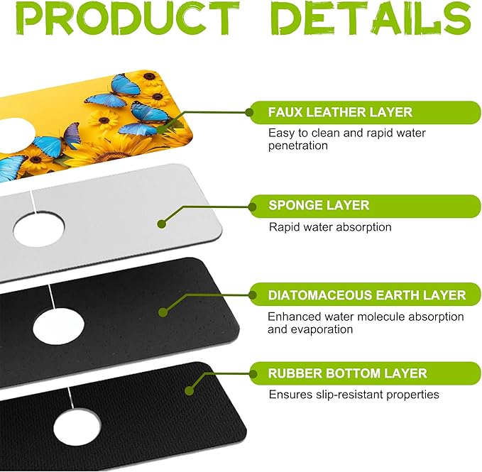 Kitchen Sink Splash Sunflowers and Blue Butterflies Guard Faucet Mat Super Absorbent Fast Drying Mat Guard Behind Faucet Drip Catcher for Kitchen Bathroom, 15.5"X5.5"