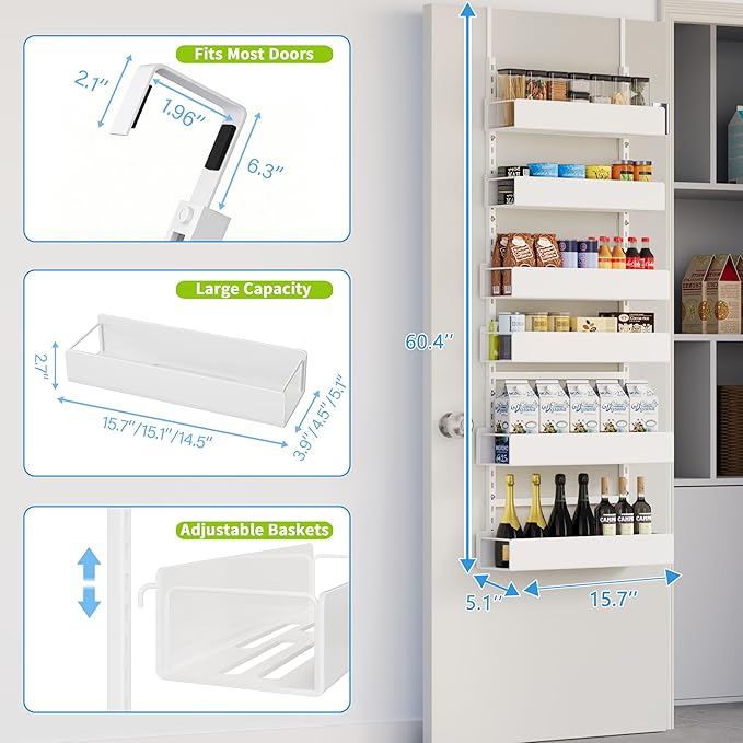 Over The Door Pantry Organizer, 6-Tier Pantry Organization and Storage, Hanging Spice Rack, Pantry Door Organization for Home Office Laundry Room Bathroom, White