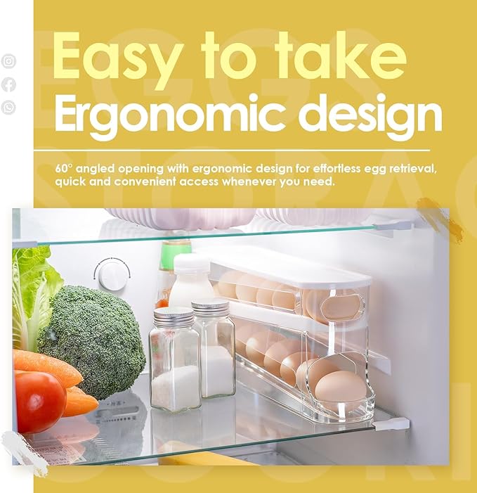 Sylphide Auto Rolling Fridge Egg Organizer, Space Saving Eggs Dispenser for Refrigerator Storager, Home Egg Holder, Includes Stainless Steel Egg Whisk