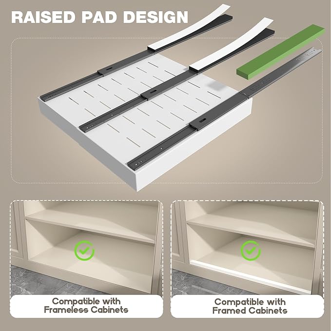 4 Pack Pull Out Cabinet Organizer 22" Deep,Full Extension 3 Slide Rails Slide Out Drawers With Raising Pad for Framed Cabinets,Expandable Width (12.3"-20.5"),No Drill Roll Out shelf,White