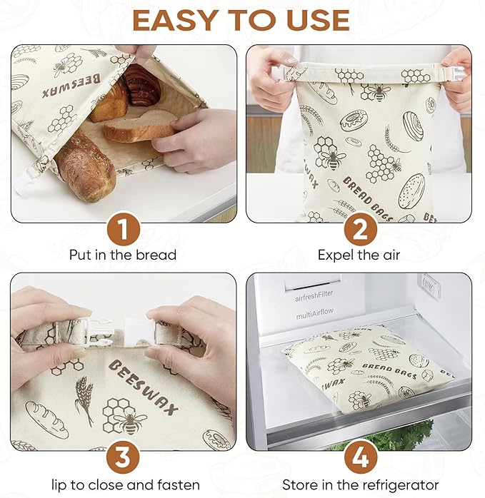 2Pack Reusable Bread Bags for Homemade Bread Organic Beeswax Cotton Bag -17x12in Food Storage with Snap Closure Fresh KeepingSourdough Storage Bag Thicker Organic Beeswax Sealed Bag(White)