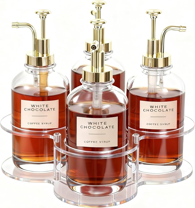 IEEK Rotating Coffee Syrup Organizer,Syrup Bottle Holder for Coffee Syrup Dispenser 16.9oz,Clear Acrylic Coffee Syrup Rack for Coffee Bar Station Countertop,Coffee Syrup Turntable Tray