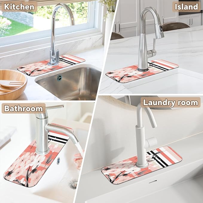 Petals Stripe Kitchen Faucet Mat Splash Guard, 15.4”x5.7” Absorbent Quick Drying Sink Mat for Countertop Protection, Draining Mat Sink Protectors For Kitchen Bathroom, 2 Pack
