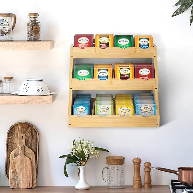 Bamboo Tea Bag Organizer, 3-Tier Tea Bag Holder Stores Over 240 Tea Bags, Tea Station for Coffee Capsules, Creamer, Sweetener, Sugar - Removable Divider (Self-assembly)