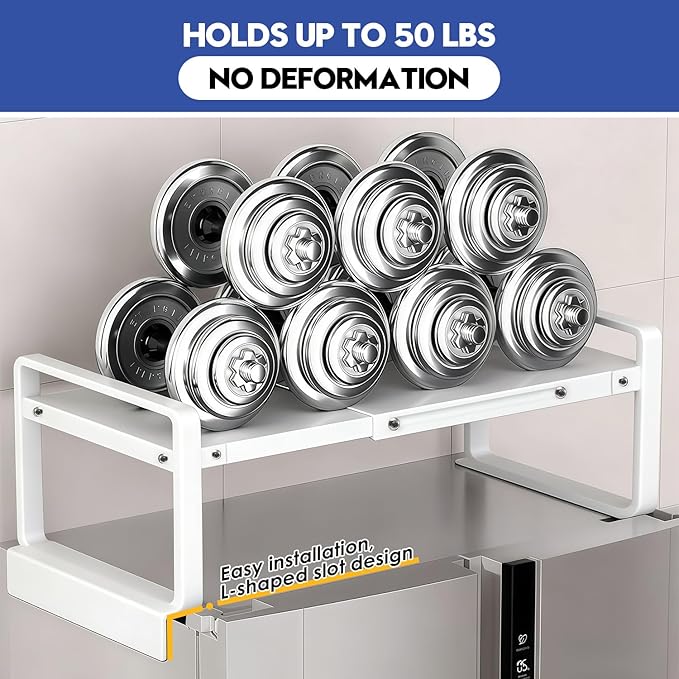 (17-31.5 inches) Adjustable Refrigerator or Washer Top Storage Rack - Expandable Organizer Shelf, L-Shaped Protective Card Slot Design for Kitchen, Laundry Room, Dorm -Durable Metal Space Saver-White