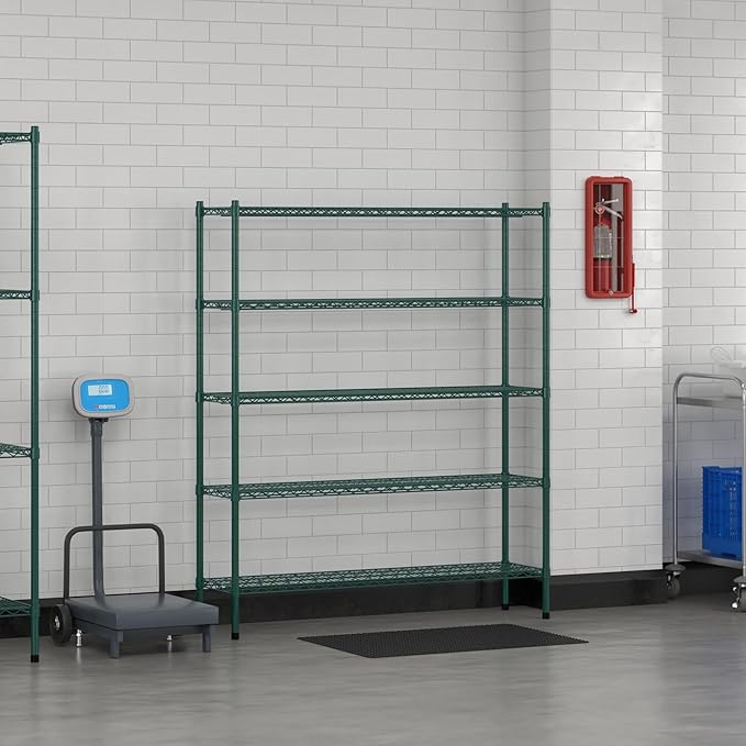 Commercial NSF Listed Green Epoxy Stationary Wire Shelving Kit 14" x 54" x 64", with 5 Shelves Perfect for Warehouse, Walk-in Refrigerator, Freezer, Grocery Store, Restaurant, Dishroom