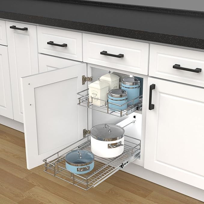 Pull Out Cabinet Organizer, (11" W x 21" D) Slide Out Kitchen Cabinet Storage Shelf and Drawer Organizer NEED 12" W and 22" D Cabinet, Chrome Finish