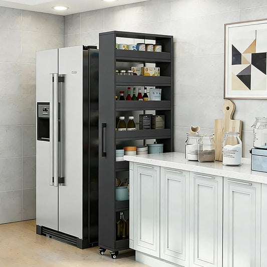 7-Tier Slim Storage Cart, Wooden Rolling Pantry Cabinet with Wheels, Narrow Shelf Organizer for Kitchen, Bakers Rack, Dining Room, Closet,Black,W7.9×D17.7×H72.4